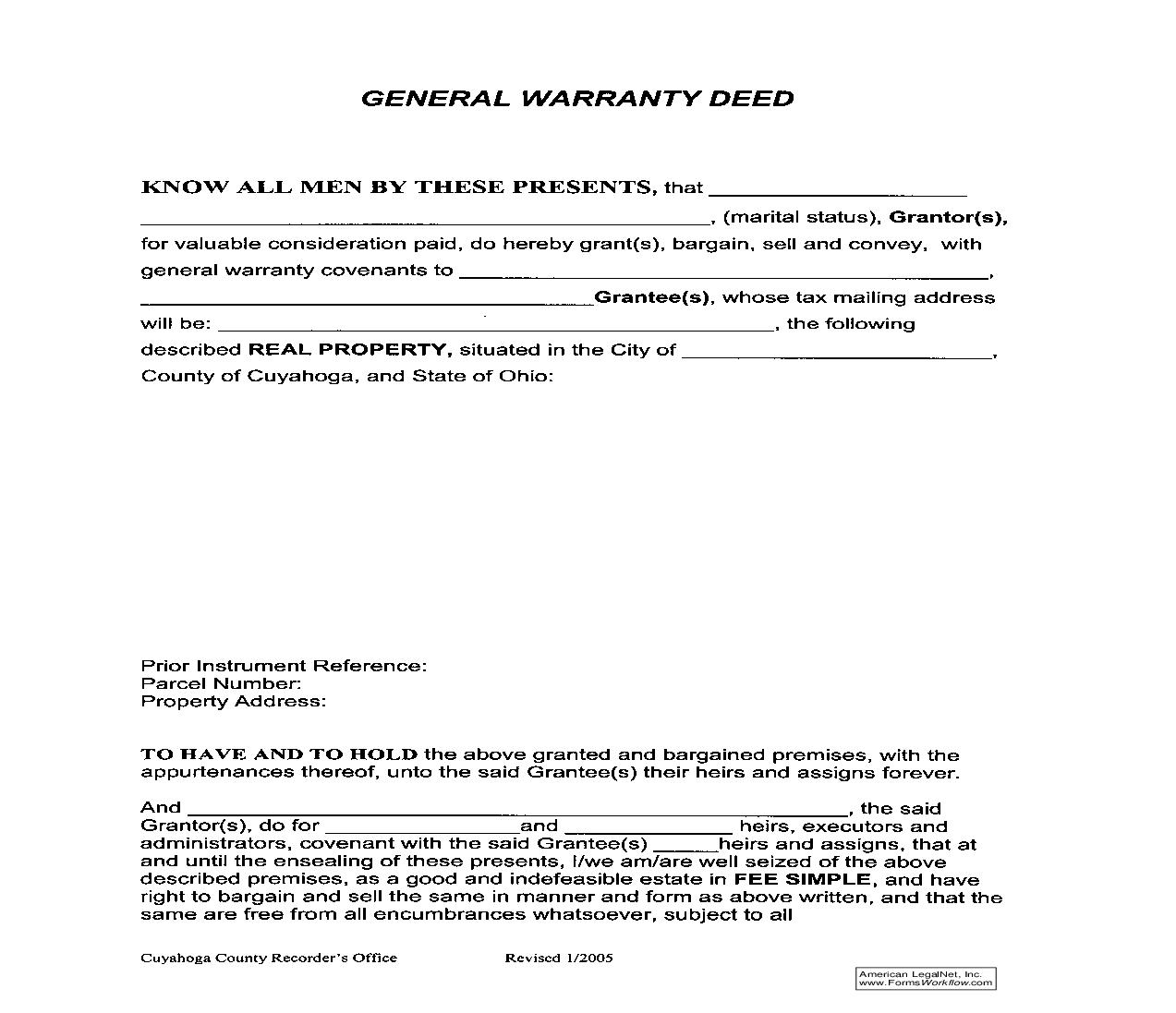 Cuyahoga County General Warranty Deed (Without Dower Clause) | Pdf Fpdf Doc Docx | Ohio