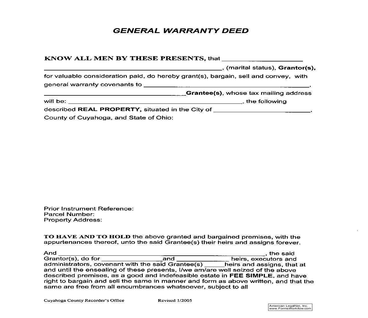 Cuyahoga County General Warranty Deed | Pdf Fpdf Doc Docx | Ohio