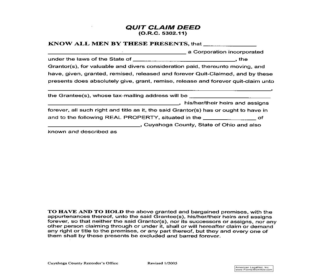 Cuyahoga County Quit Claim Deed (Corporation) | Pdf Fpdf Doc Docx | Ohio