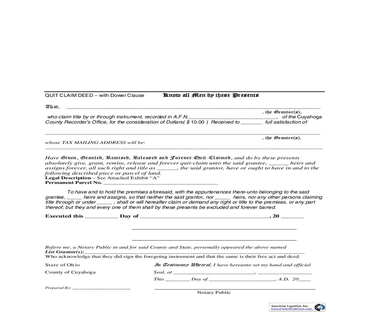 Cuyahoga County Quit Claim Deed (With Dower Clause) | Pdf Fpdf Doc Docx | Ohio