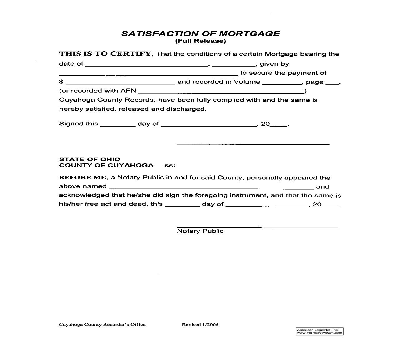 Cuyahoga County Satisfaction Of Mortgage (Full Release) | Pdf Fpdf Doc Docx | Ohio