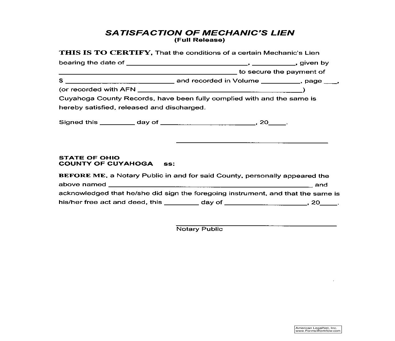 Cuyahoga County Satisfaction of Mechanics Lien (Full Release) | Pdf Fpdf Doc Docx | Ohio