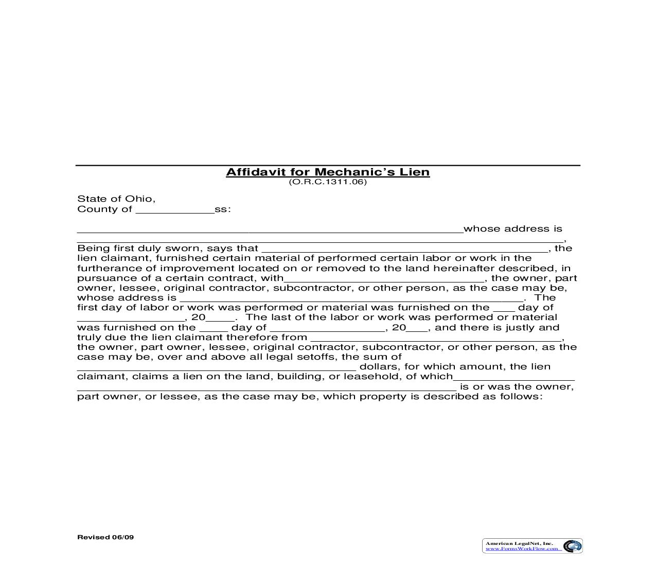 Summit County Affidavit For Mechanics Lien | Pdf Fpdf Doc Docx | Ohio