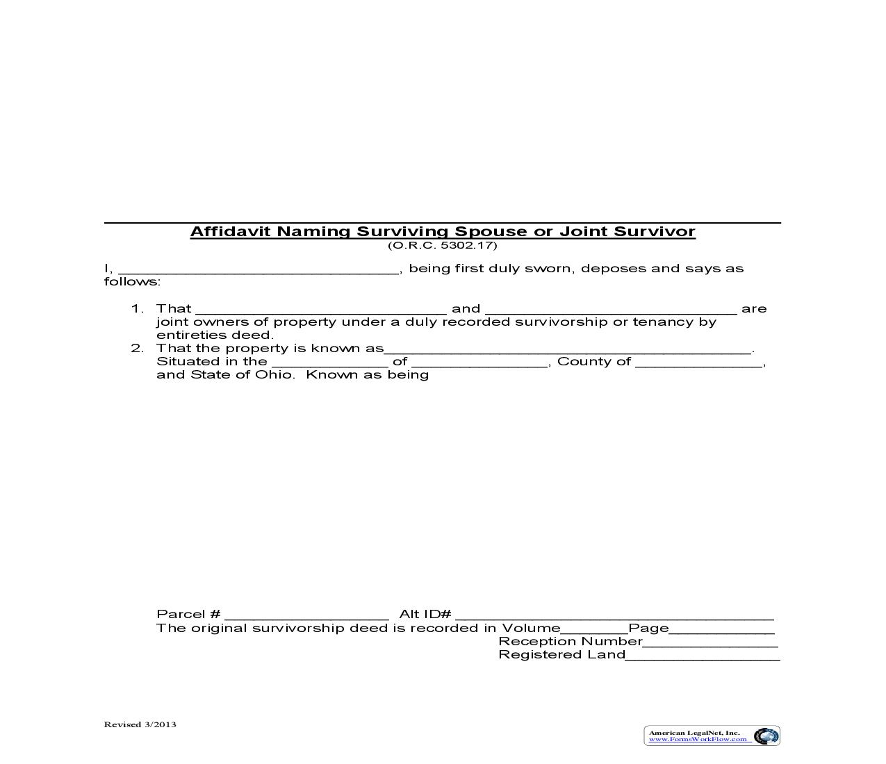 Summit County Affidavit of Surviving Spouse Or Joint Survivor | Pdf Fpdf Doc Docx | Ohio