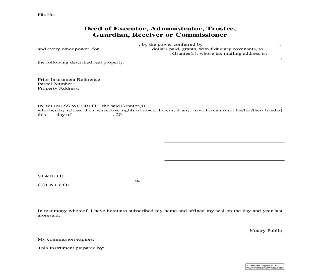 Deed Of Executor Administrator Trustee Guardian Receiver Or Commissioner | Pdf Fpdf Doc Docx | Ohio