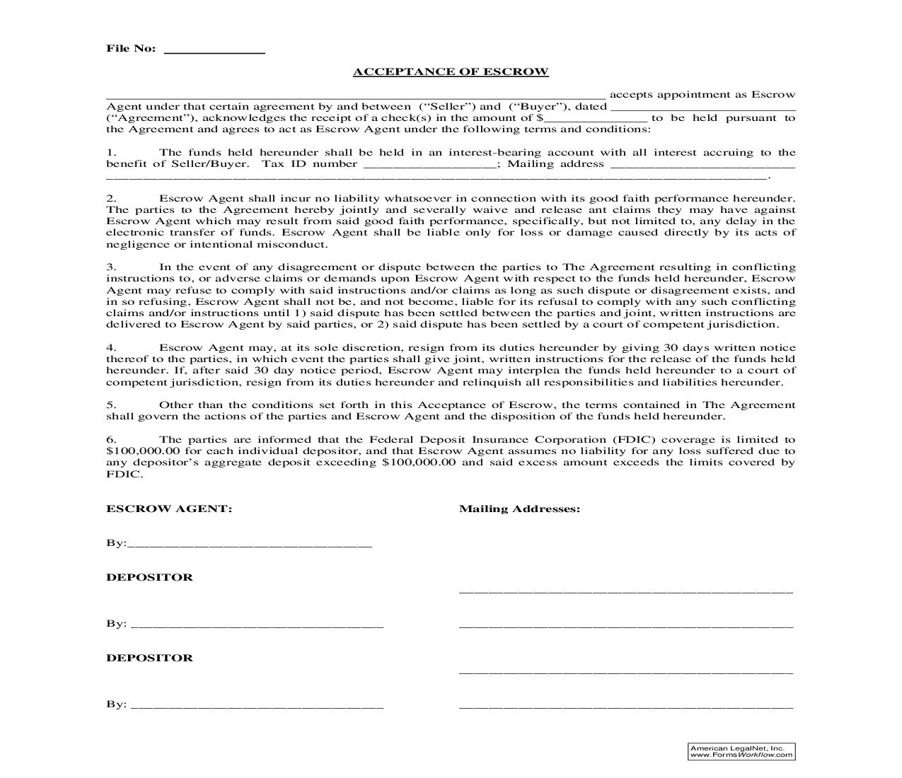 Acceptance Of Escrow | Pdf Fpdf Doc Docx | Ohio