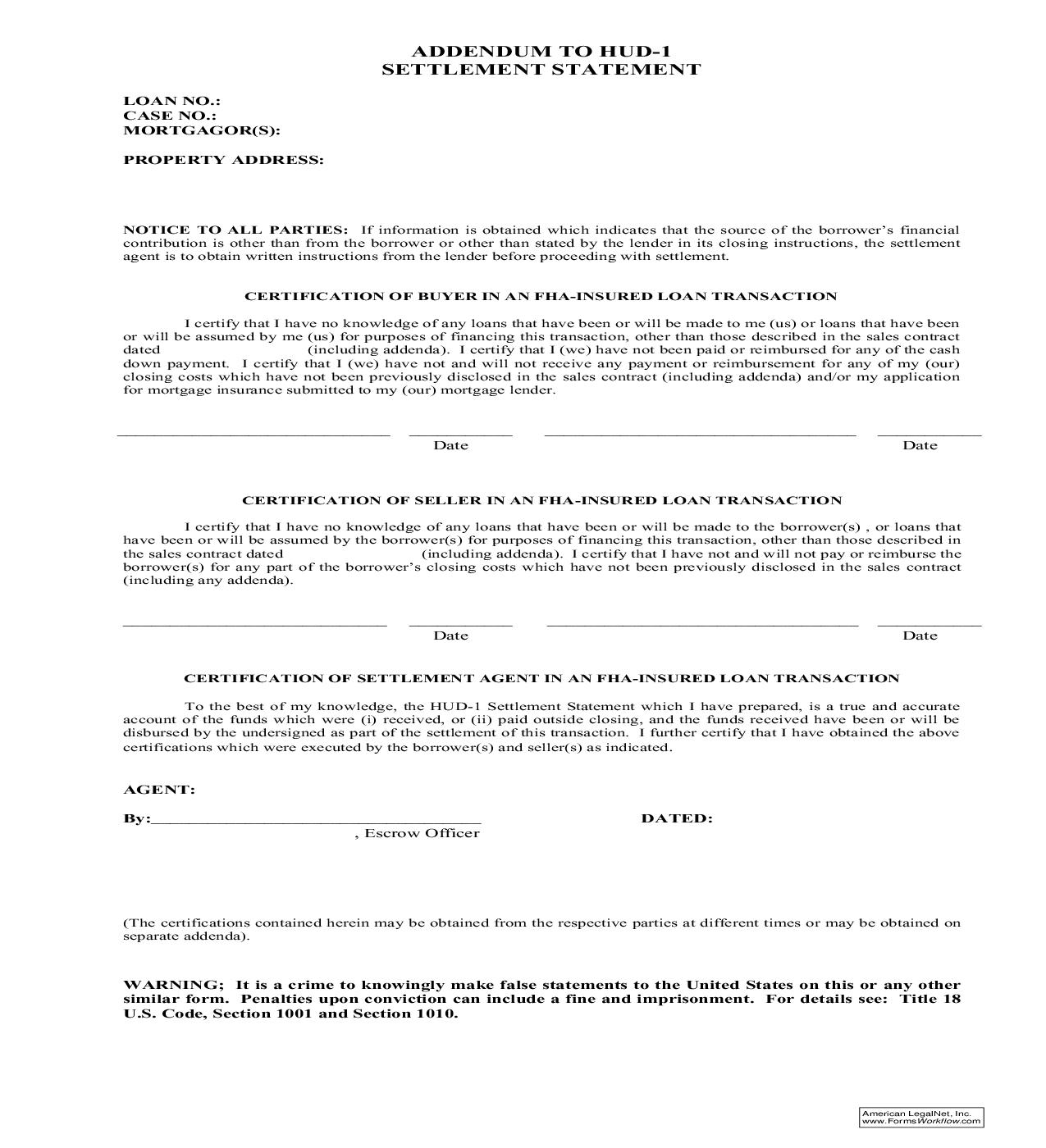 Addendum To HUD-1 Settlement Statement | Pdf Fpdf Doc Docx | Ohio