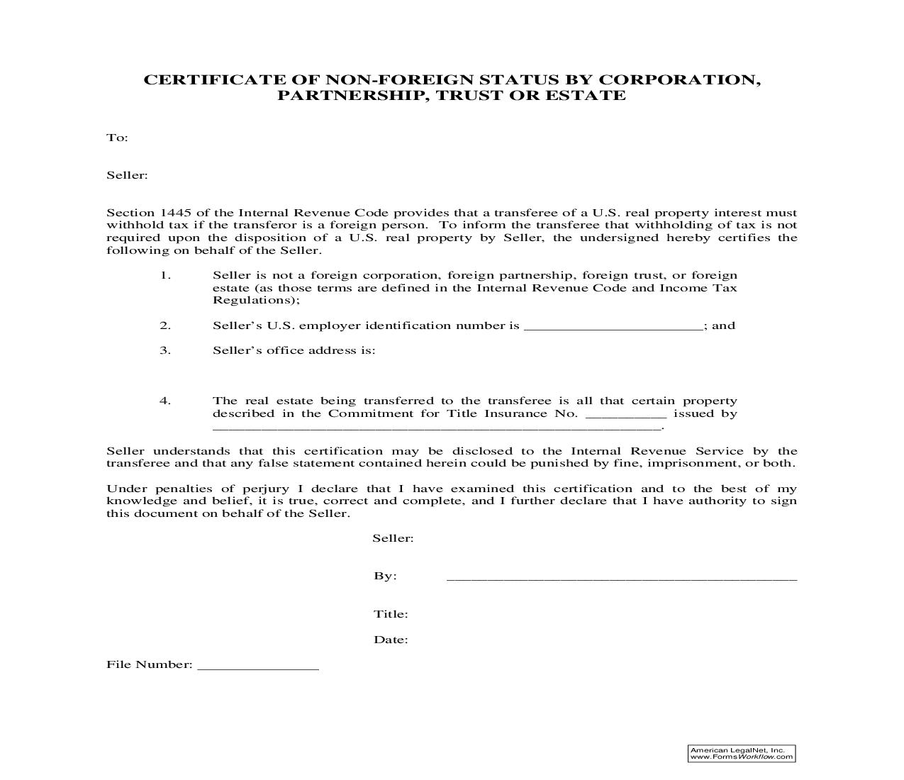 Certficate Of Non-Foreign Status By Corporation Partnership Trust Or Estate (FIRPTA) | Pdf Fpdf Doc Docx | Ohio