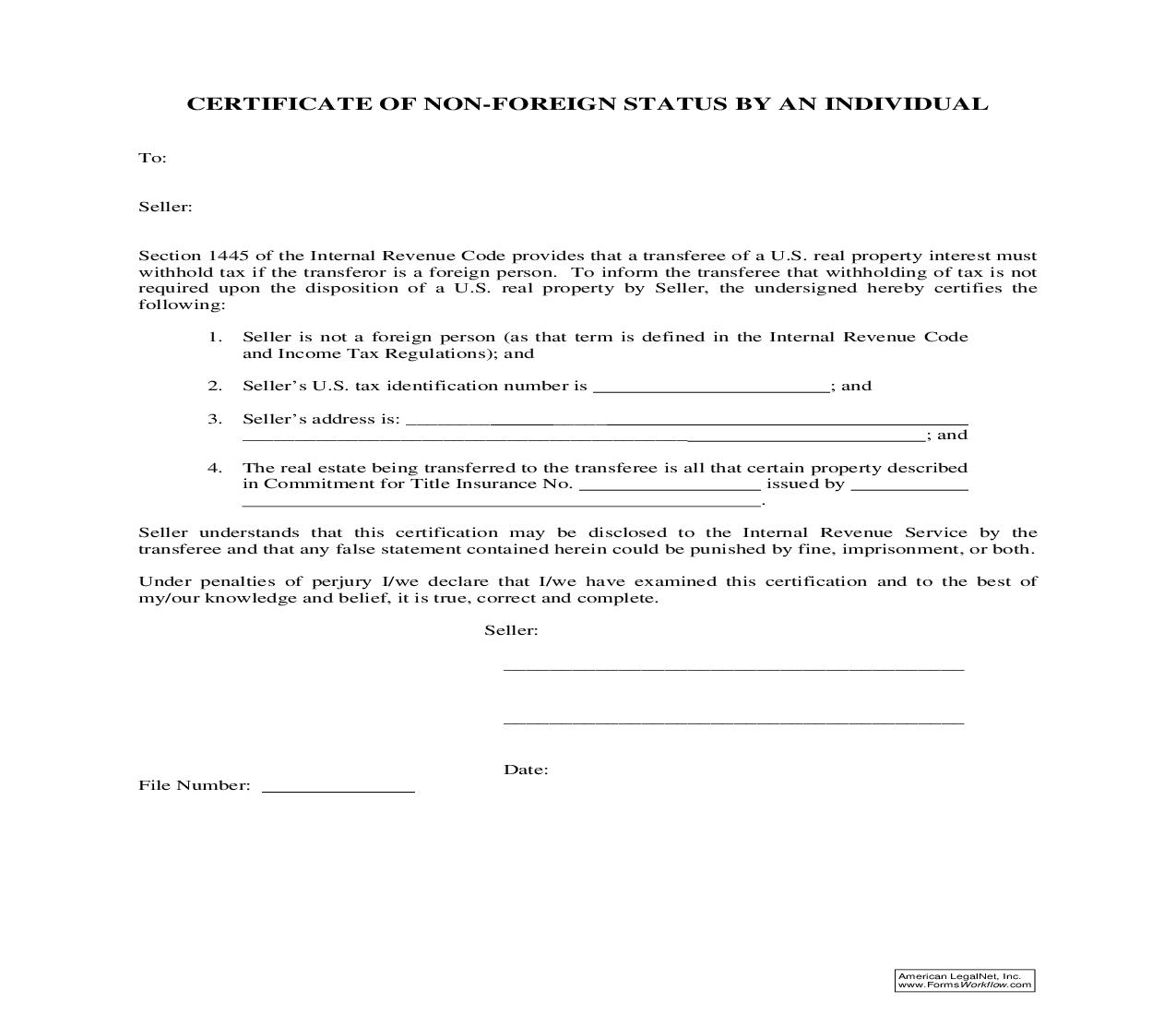 Certficate Of Non-Foreign Status By Individual (FIRPTA) | Pdf Fpdf Doc Docx | Ohio