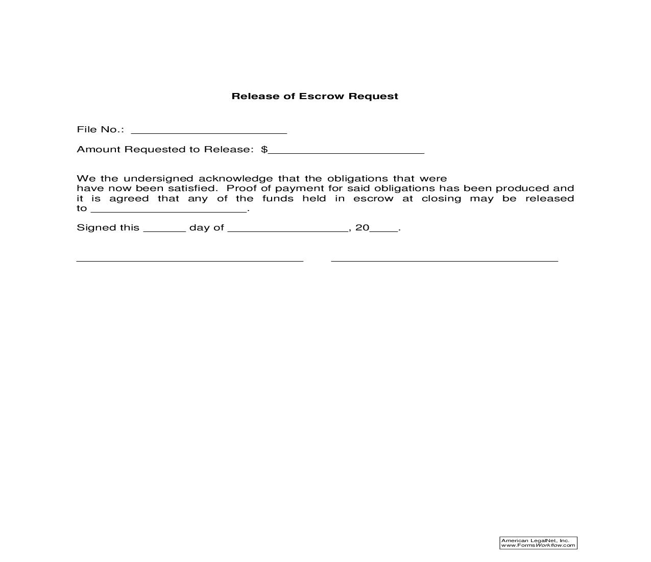 Release Of Escrow Request | Pdf Fpdf Doc Docx | Ohio