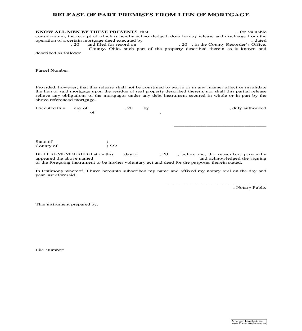 Release Of Part Premises From Lien Of Mortgage | Pdf Fpdf Doc Docx | Ohio