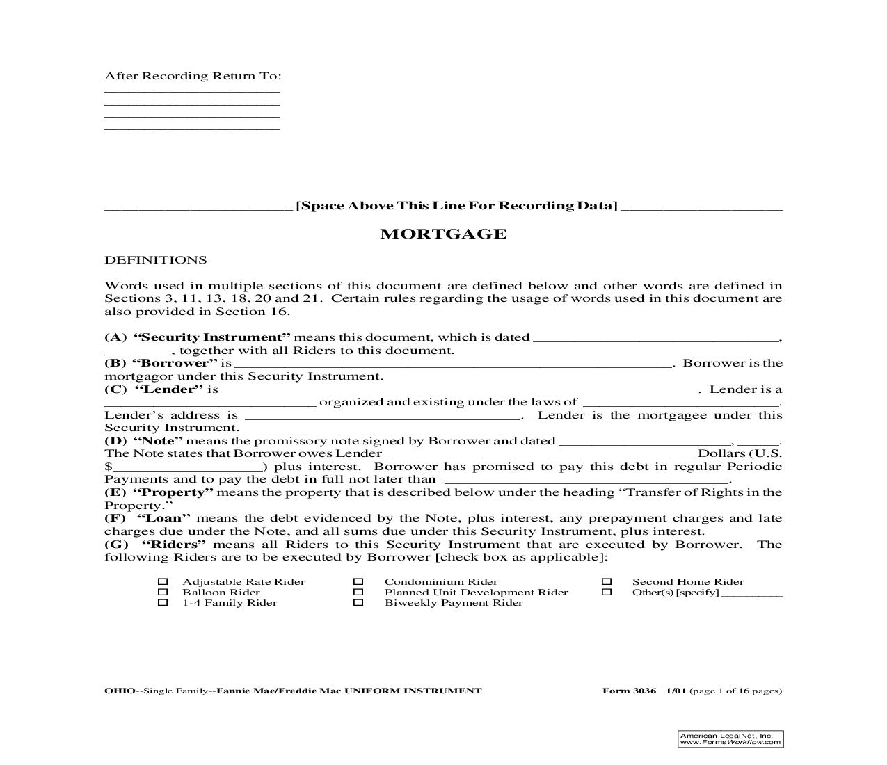 Standard Mortgage (Fannie Mae-Freddie Mac - OH) {3036} | Pdf Fpdf Doc Docx | Ohio