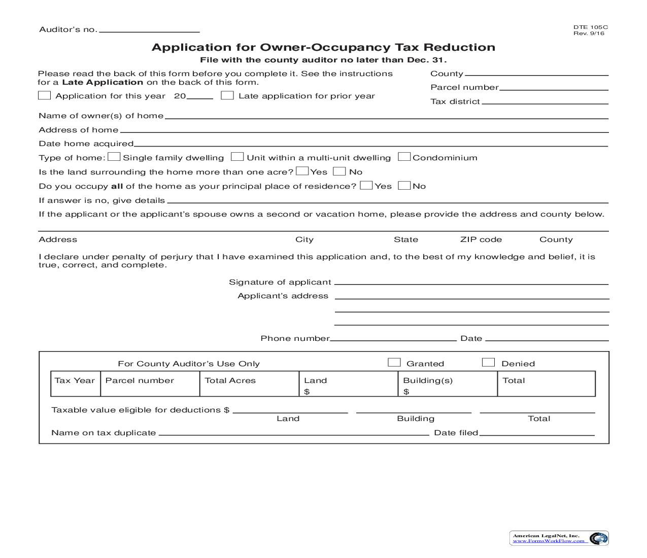 Application For Owner-Occupancy Tax Reduction {DTE 105C} | Pdf Fpdf Doc Docx | Ohio