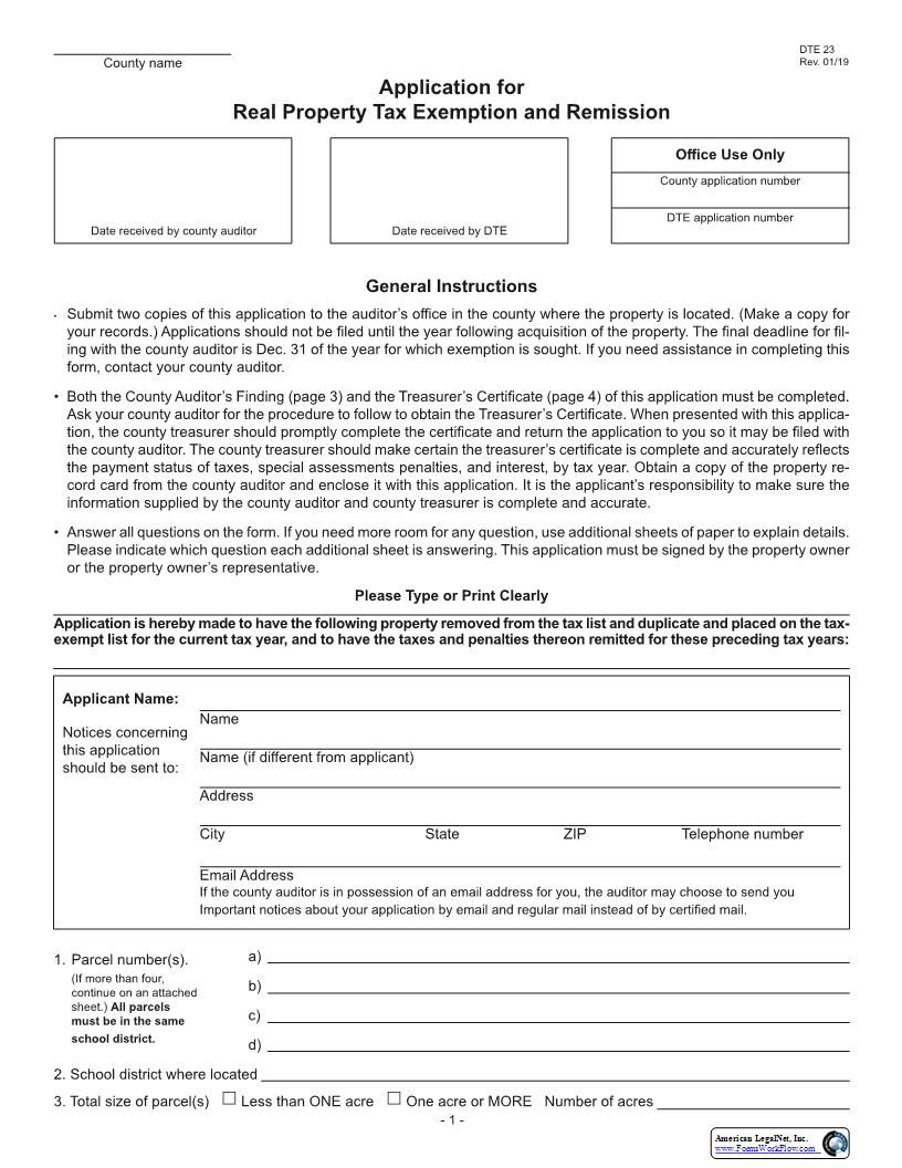 Application For Real Property Tax Exemption And Remission {DTE 23} | Pdf Fpdf Docx | Ohio