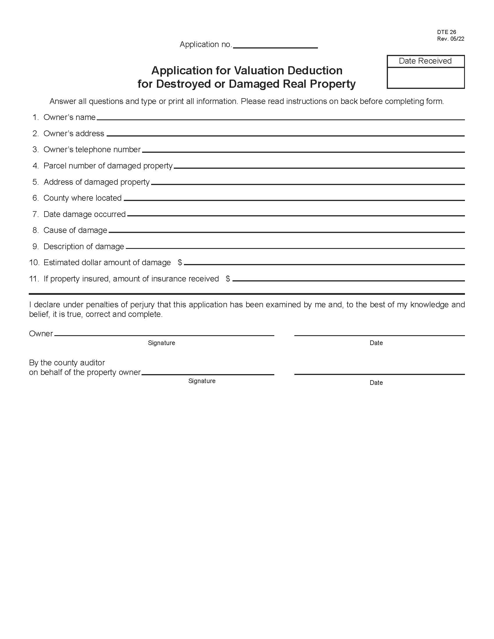 Application For Valuation Deduction For Destroyed Or Damaged Real Property {DTE 26} | Pdf Fpdf Doc Docx | Ohio