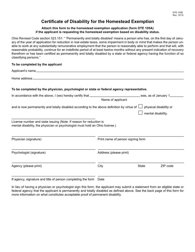 Certificate OF Disability For The Homestead Exemption {DTE 105E} | Pdf Fpdf Doc Docx | Ohio