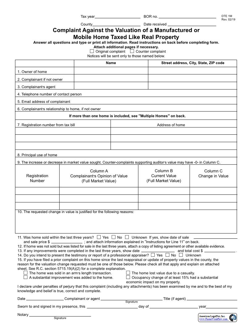 Complaint Against The Valuation Of A Manufactured Or Mobile Home Taxed Like Real Property {DTE 1M} | Pdf Fpdf Docx | Ohio