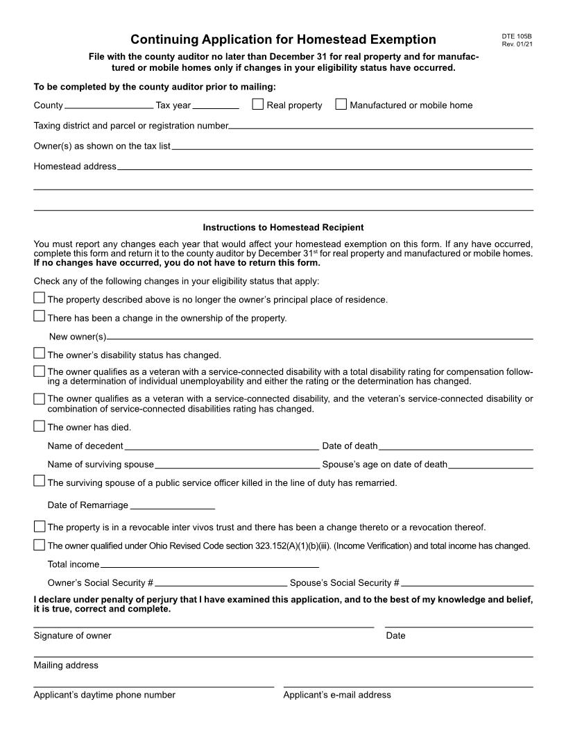 Continuing Application For Homestead Exemption {DTE 105B} | Pdf Fpdf Doc Docx | Ohio