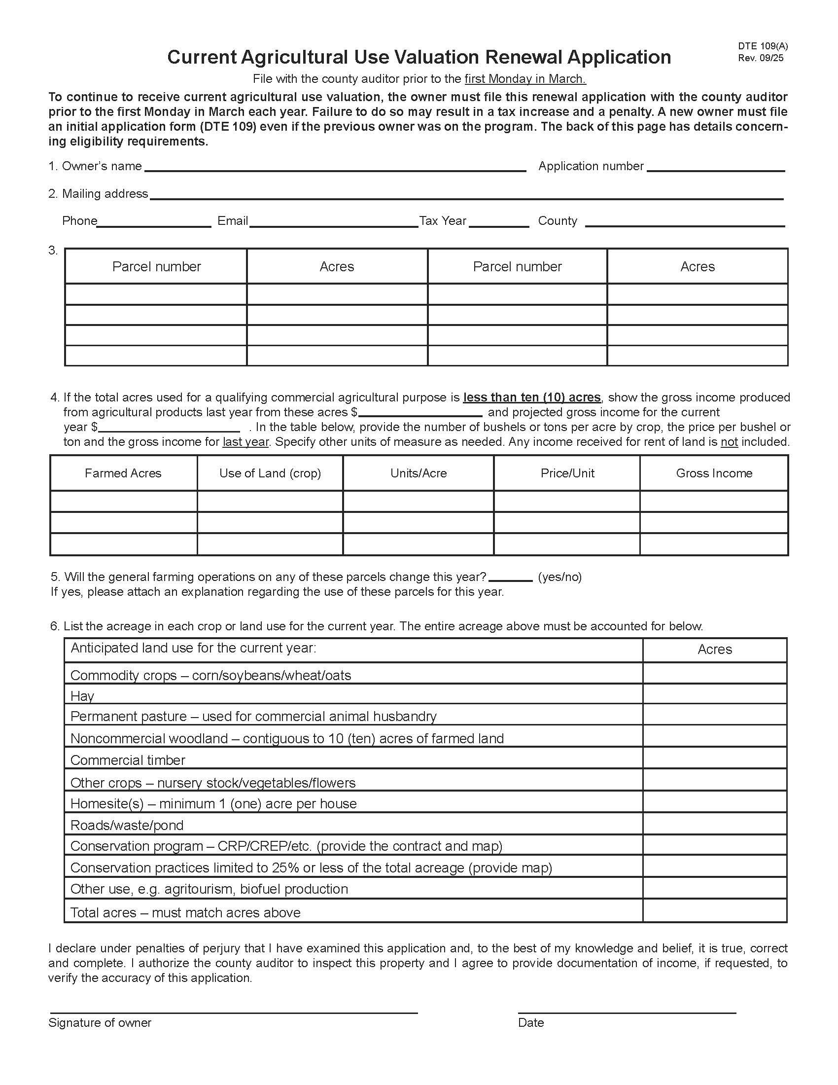 Current Agricultural Use Valuation Renewal Application {DTE 109A} | Pdf Fpdf Docx | Ohio