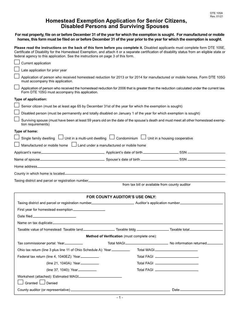 Homestead Exemption Application For Senior Citizens Disabled Persons And Surviving Spouses {DTE 105A} | Pdf Fpdf Doc Docx | Ohio