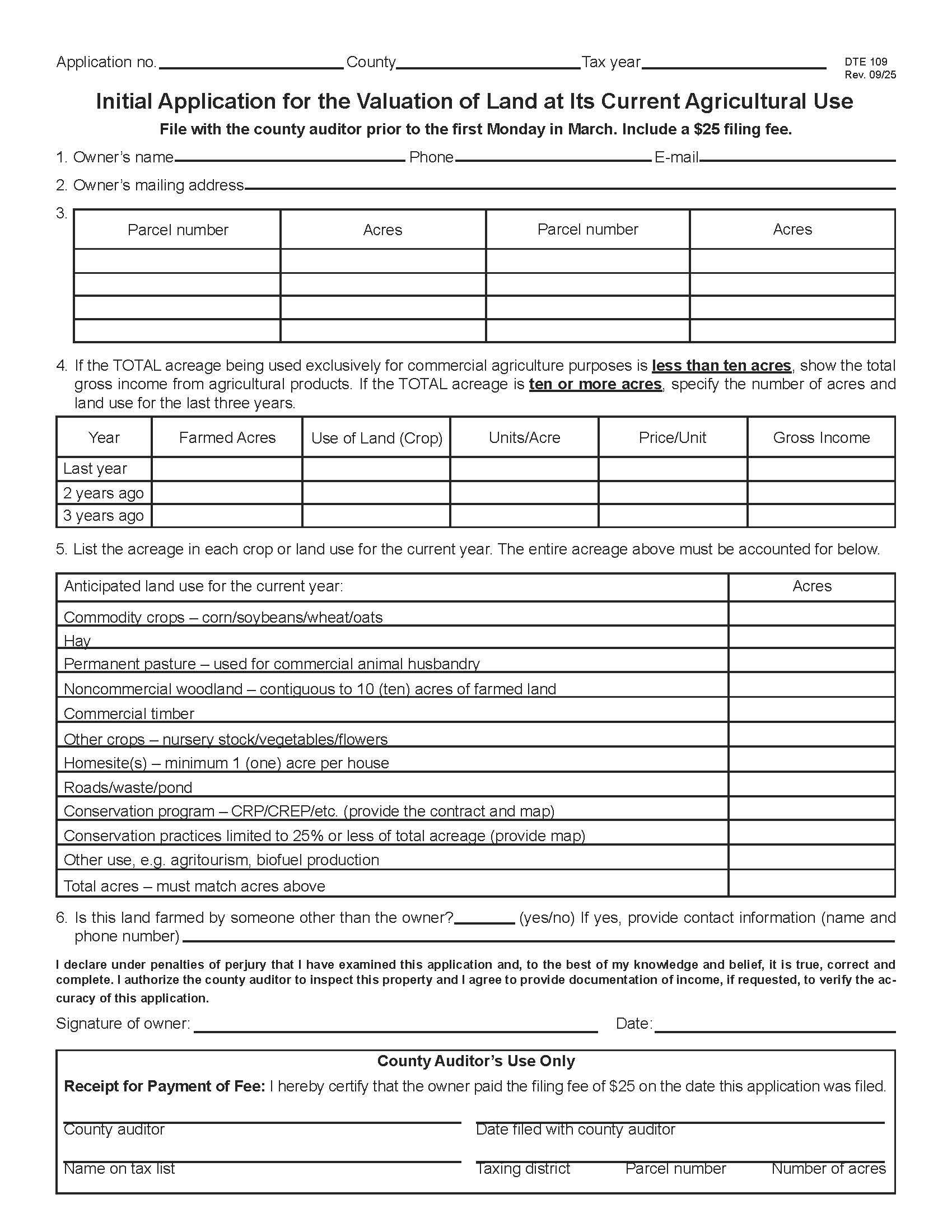 Initial Application For The Valuation Of Land At Its Current Agricultural Use {DTE 109} | Pdf Fpdf Docx | Ohio