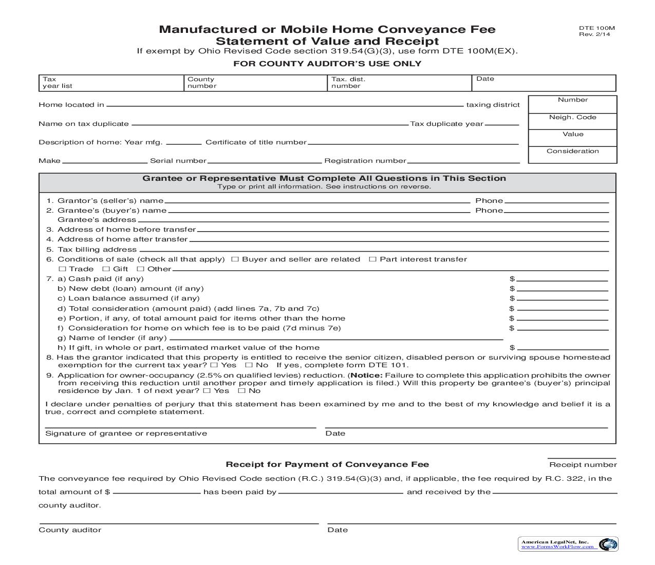 Manufactured And Mobile Home Conveyance Fee Statement Of Value And Receipt {DTE 100M} | Pdf Fpdf Doc Docx | Ohio