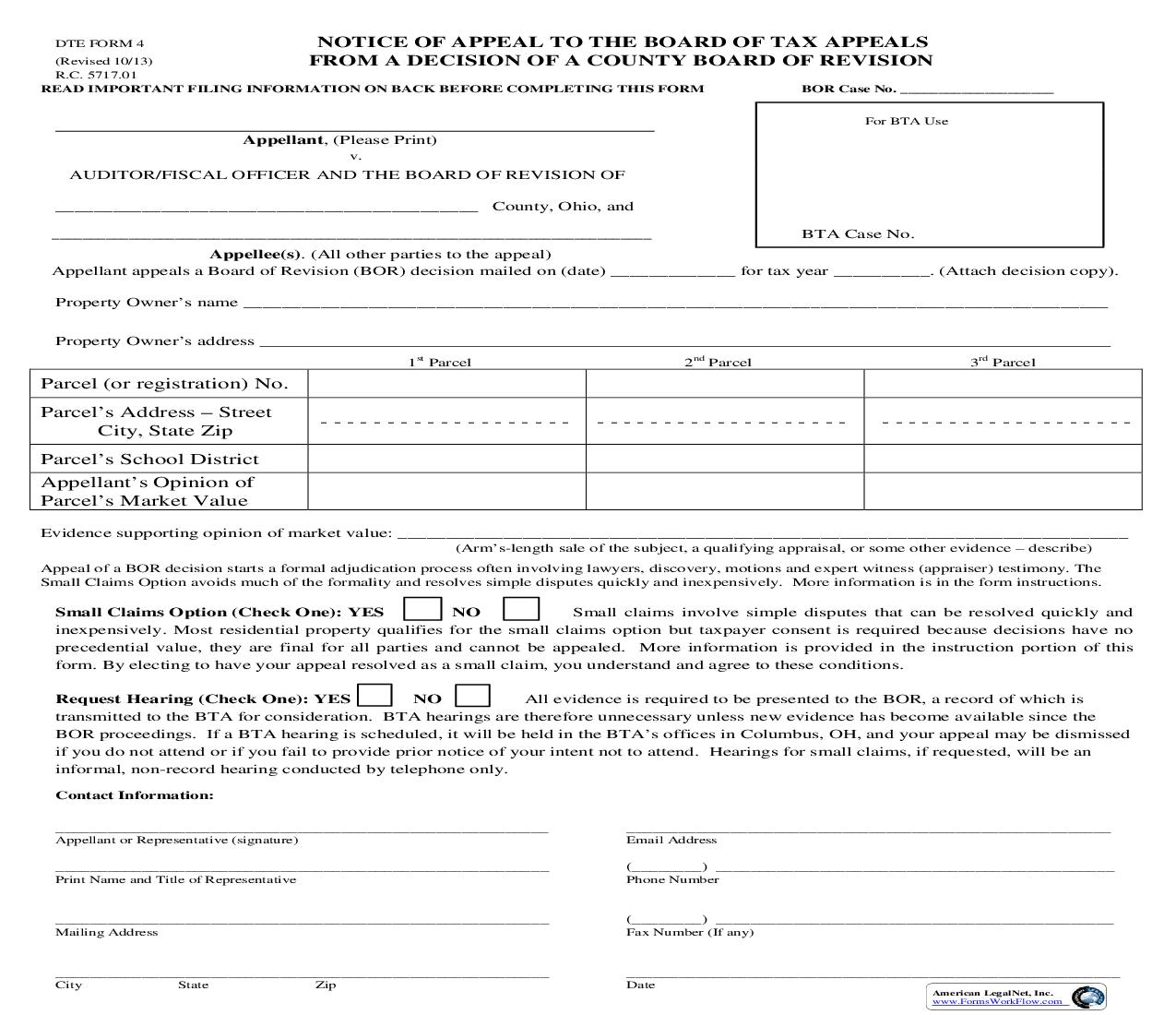Notice Of Appeal From A Decision Of A County Board Of Revision To The Board Of Tax Appeals {DTE 4} | Pdf Fpdf Doc Docx | Ohio