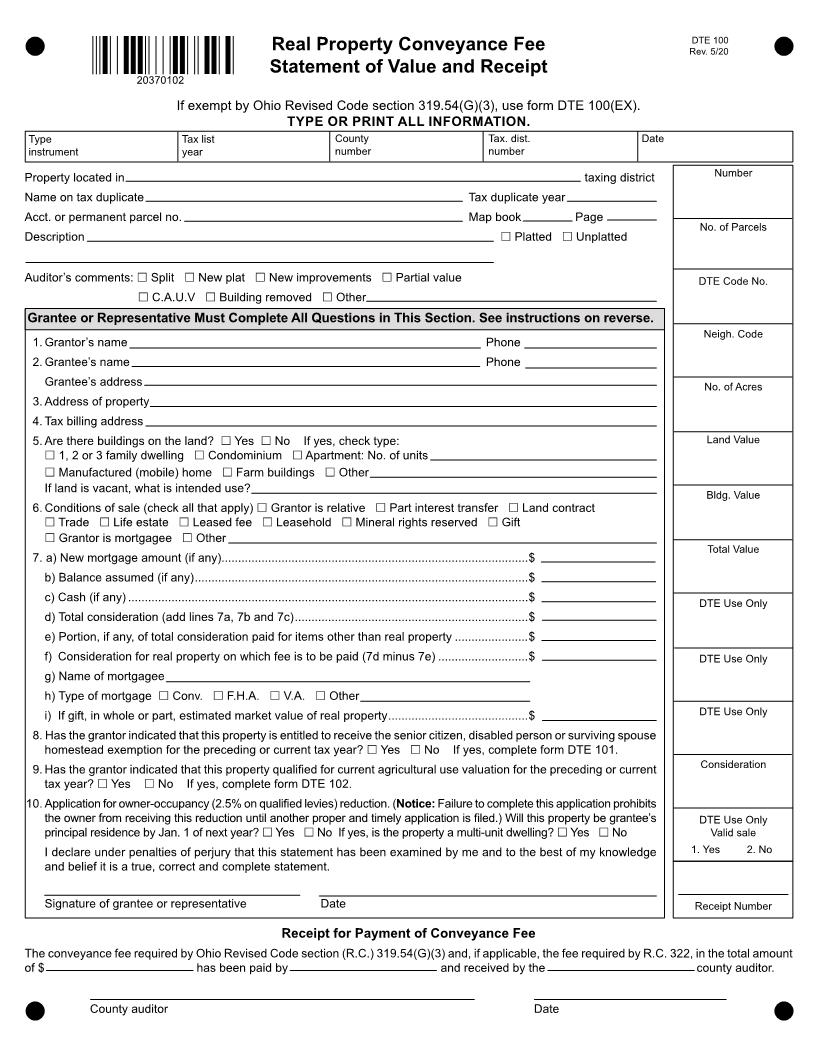 Real Property Conveyance Fee Statement Of Value And Receipt{DTE 100} | Pdf Fpdf Doc Docx | Ohio