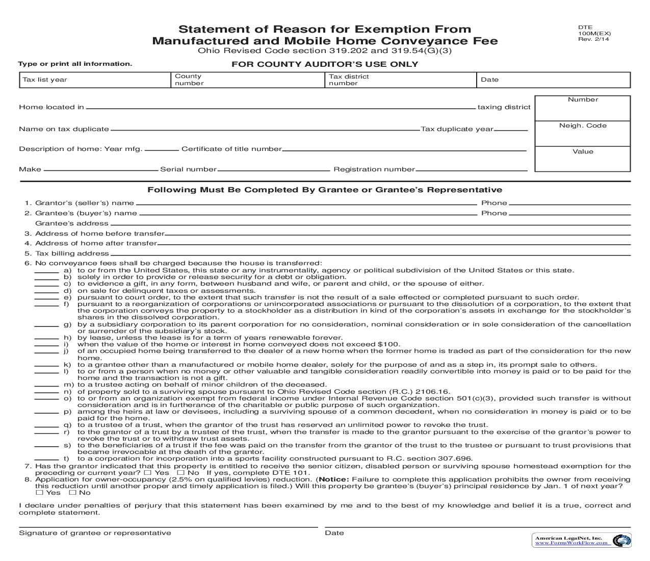 Statement For Reason For Exemption From Manufactured And Mobile Home Conveyance Fee {DTE 100M EX} | Pdf Fpdf Doc Docx | Ohio