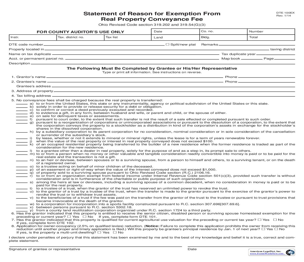 Statement For Reason For Exemption From Real Property Conveyance Fee {DTE 100EX} | Pdf Fpdf Doc Docx | Ohio
