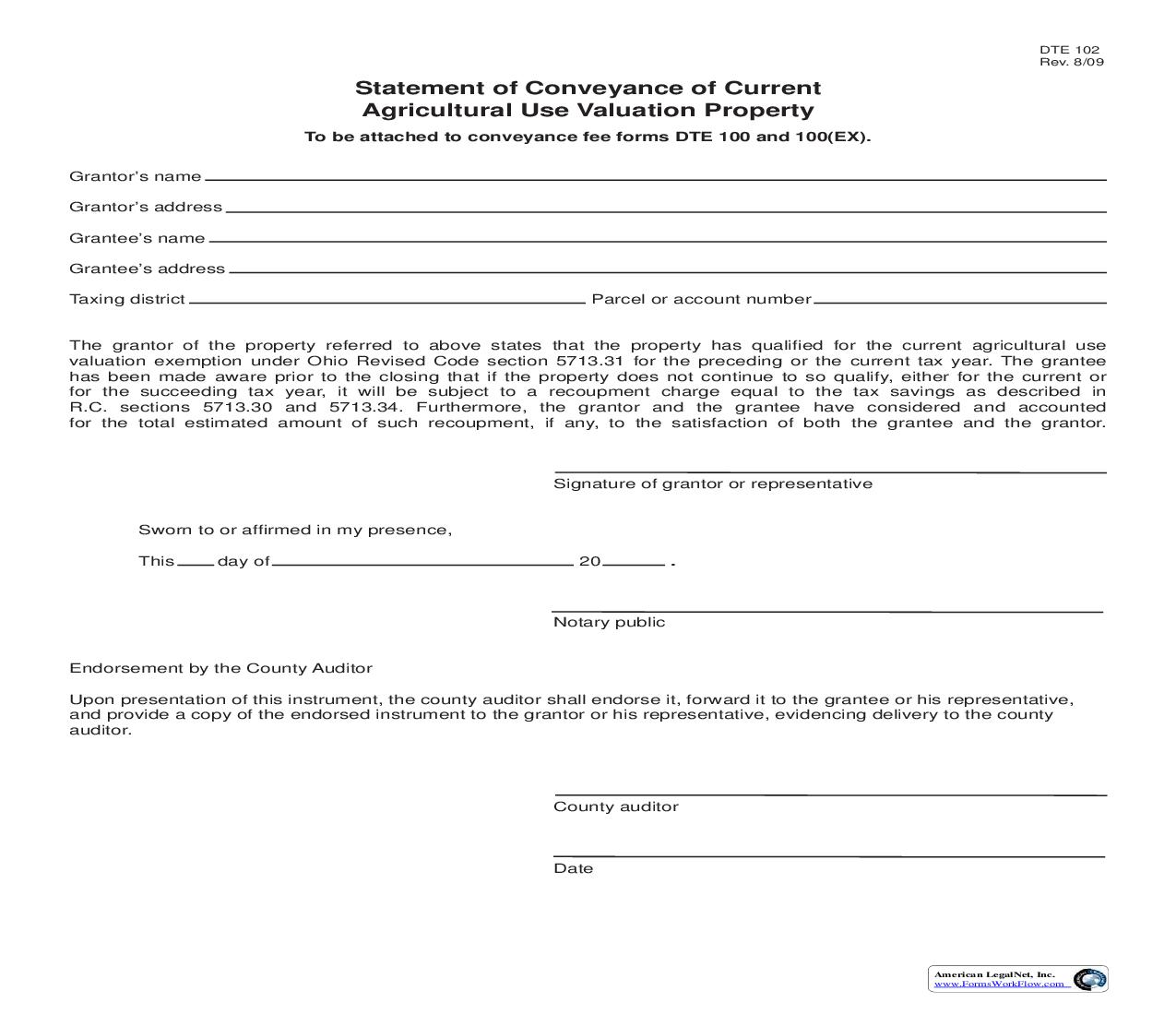 Statement Of Conveyance Of Current Agricultural Use Valuation Property {DTE 102} | Pdf Fpdf Doc Docx | Ohio