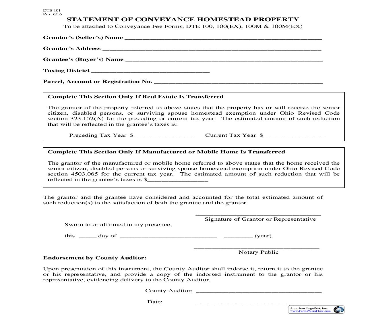Statement Of Conveyance Of Homestead Property {DTE 101} | Pdf Fpdf Doc Docx | Ohio