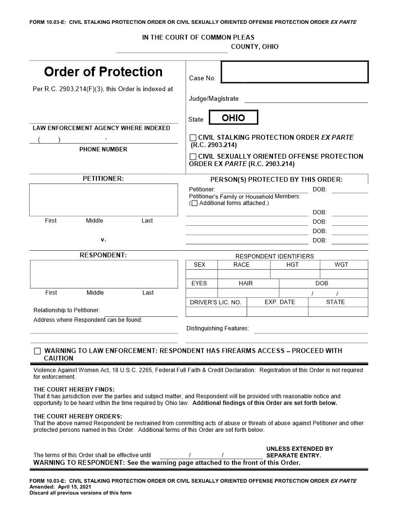 Civil Stalking Protection Order {10.03-E} | Pdf Fpdf Doc Docx | Ohio