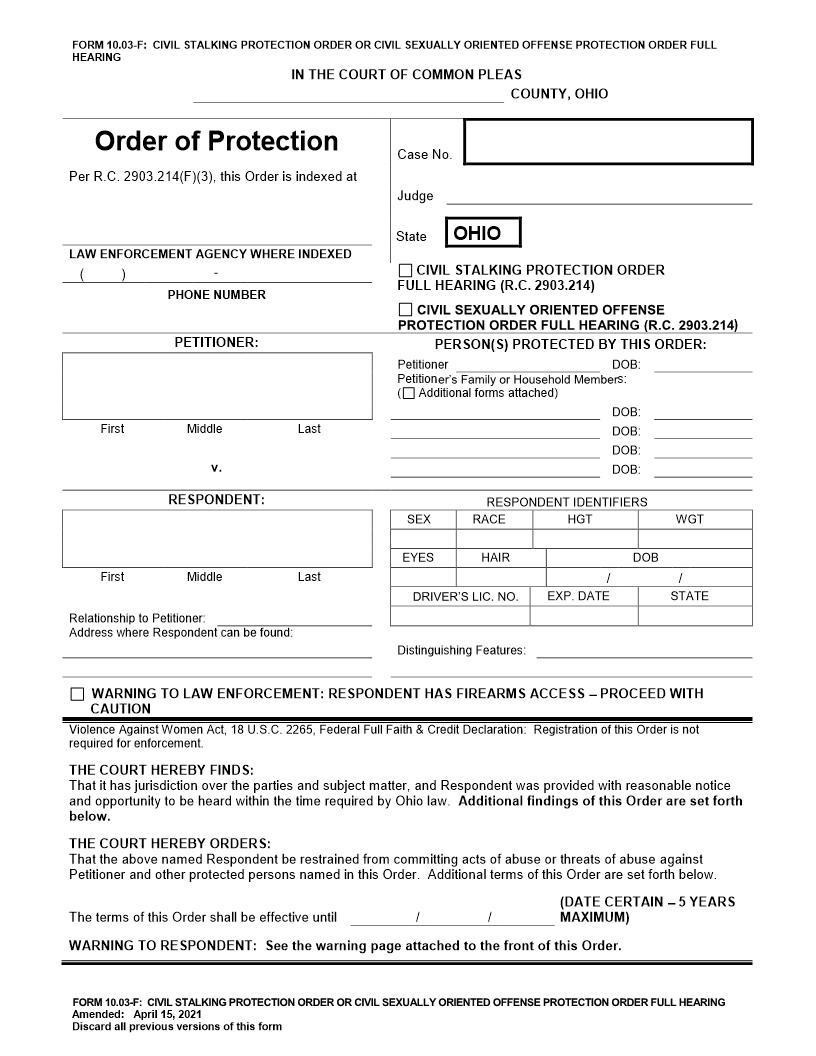 Civil Stalking Protection Order Full Hearing {10.03-F} | Pdf Fpdf Doc Docx | Ohio