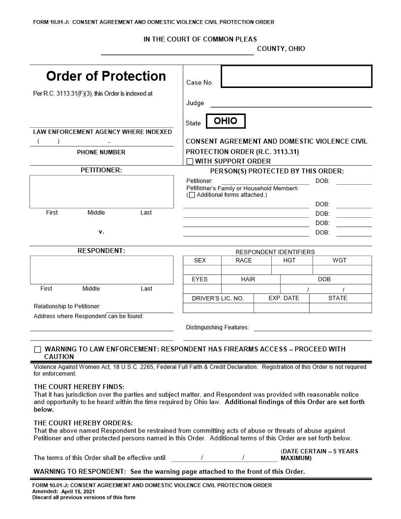 Consent Agreement And Domestic Violence Civil Protection Order {10.01-J} | Pdf Fpdf Doc Docx | Ohio