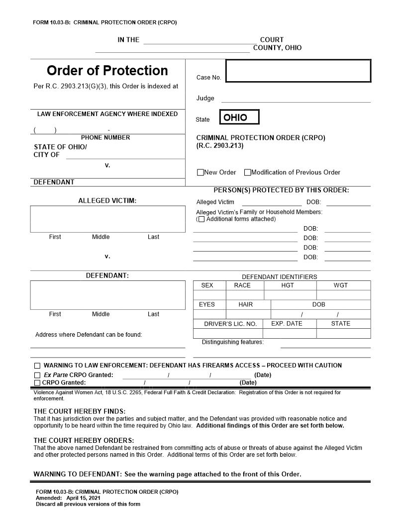 Criminal Protection Order {10.03-B} | Pdf Fpdf Doc Docx | Ohio