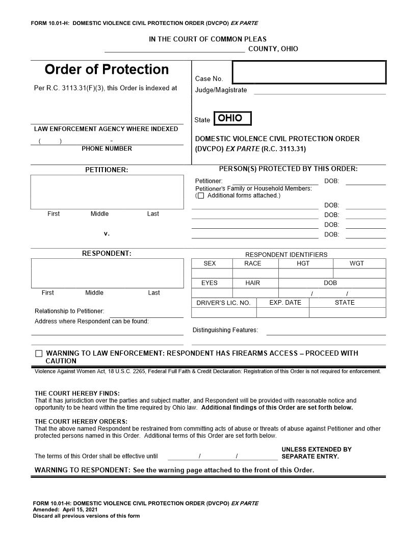 Domestic Violence Civil Protection Order (CPO) Ex Parte {10.01-H} | Pdf Fpdf Doc Docx | Ohio