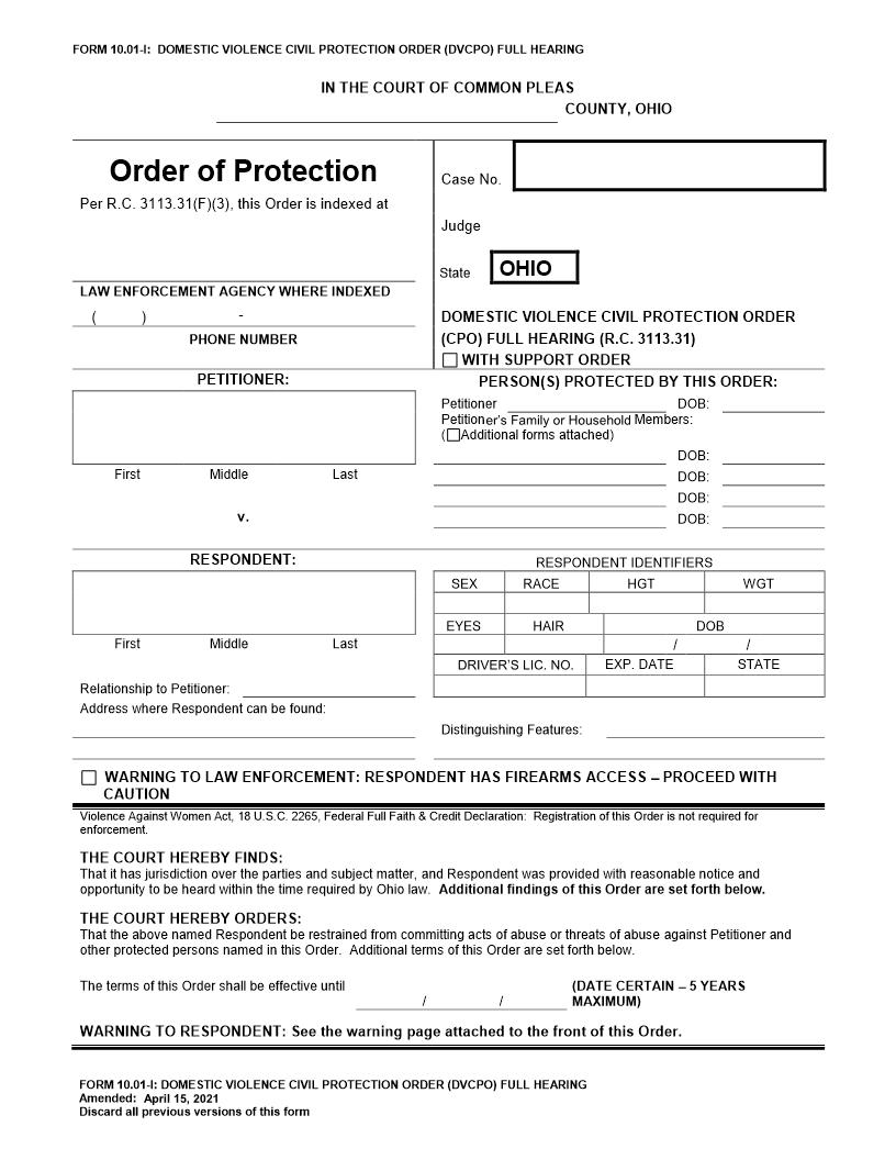 Domestic Violence Civil Protection Order (CPO) Full Hearing {10.01-I} | Pdf Fpdf Doc Docx | Ohio