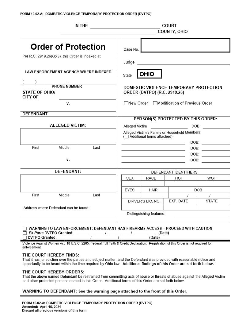 Domestic Violence Temporary Protection Order {10.02-A} | Pdf Fpdf Doc Docx | Ohio