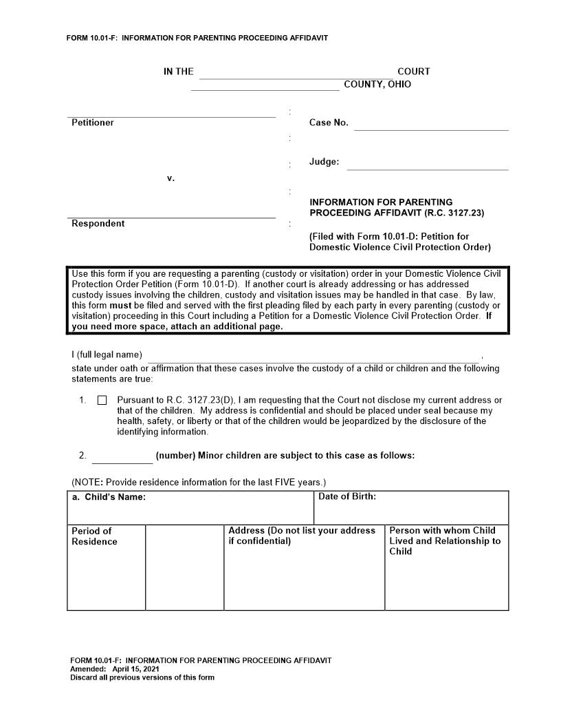 Information For Parenting Proceeding Affidavit {10.01-F} | Pdf Fpdf Doc Docx | Ohio