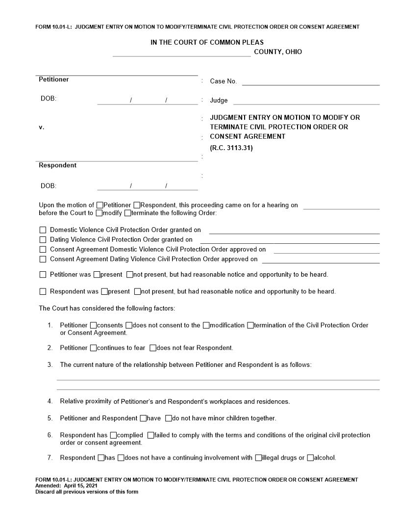 Judgment Entry On Motion To Modify Protection Order {10.01-L} | Pdf Fpdf Doc Docx | Ohio