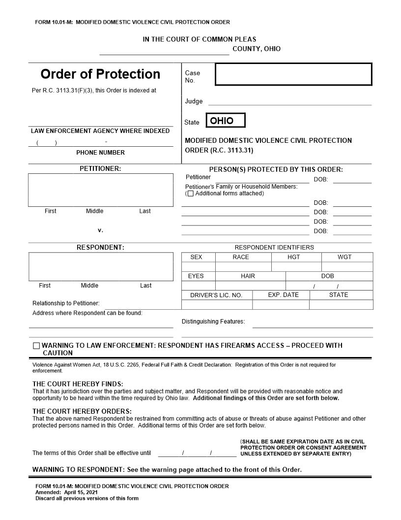 Modified Domestiv Violence Civil Protecttion Order {10.01-M} | Pdf Fpdf Doc Docx | Ohio