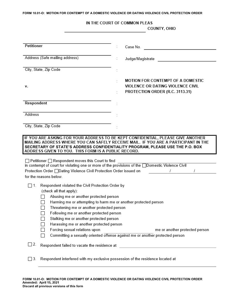 Motion For Contempt Of A Domestic Violence Civil Protection Order {10.01-O} | Pdf Fpdf Doc Docx | Ohio