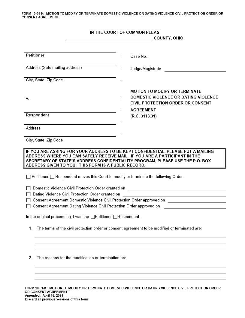 Motion To Modify Or Terminate Domestic Violence Civil Protection {10.01-K} | Pdf Fpdf Doc Docx | Ohio