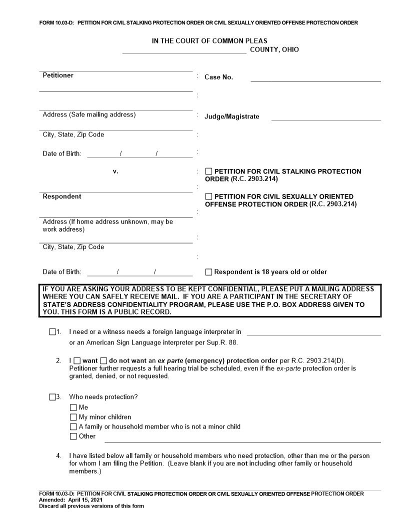 Petition For Civil Stalking Order {10.03-D} | Pdf Fpdf Doc Docx | Ohio