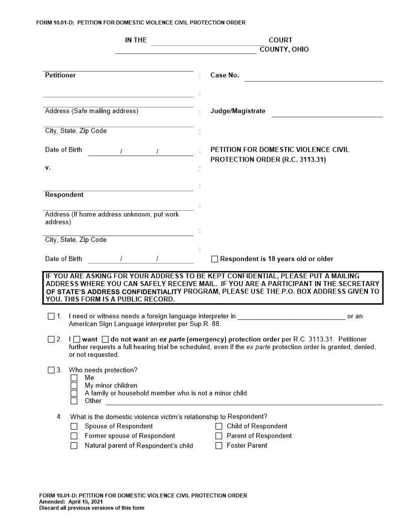 Petition For Domestic Violence Civil Protection Order {10.01-D} | Pdf Fpdf Doc Docx | Ohio