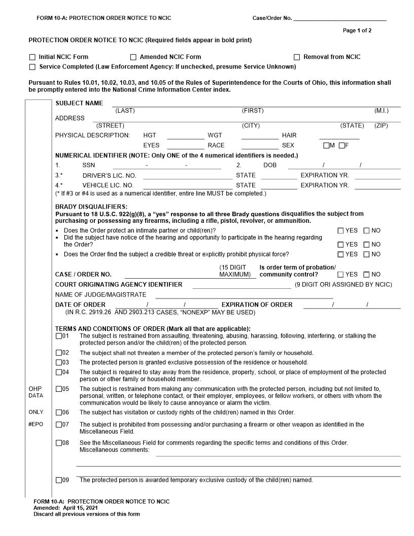 Protection Order Notice To NCIC {10-A} | Pdf Fpdf Doc Docx | Ohio