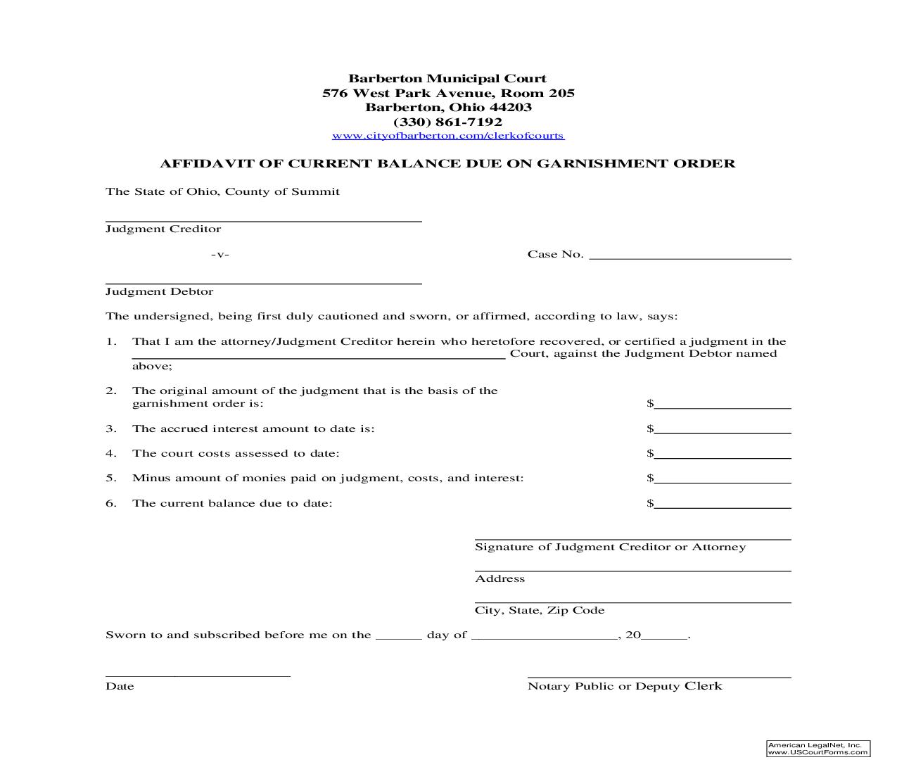 Affidavit Of Current Balance Due On Garnishment Order | Pdf Fpdf Doc Docx | Ohio