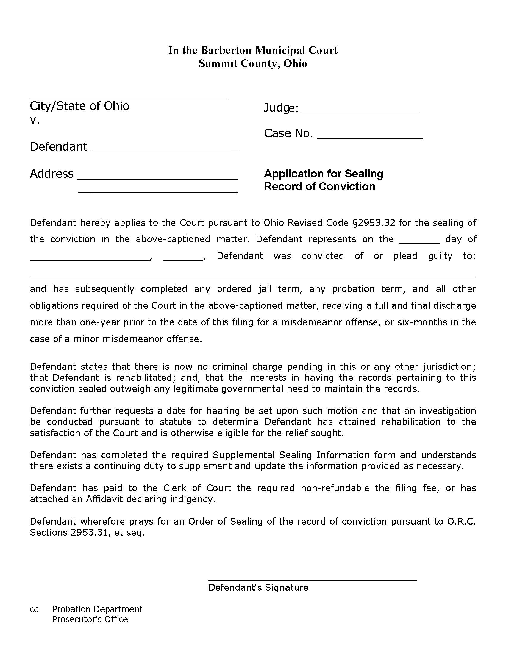 Application For Sealing Of Conviction | Pdf Fpdf Docx | Ohio