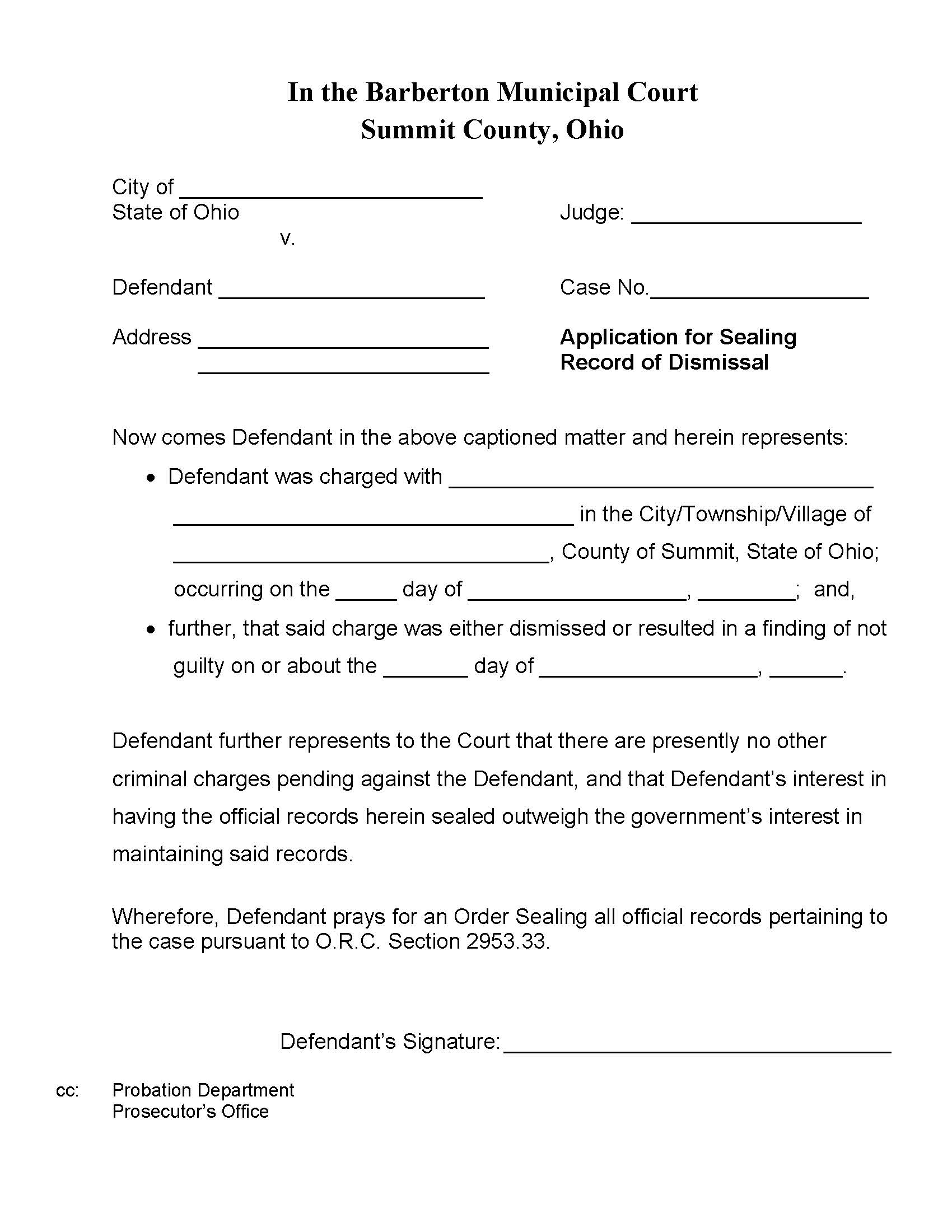 Application For Sealing Of Dismissal | Pdf Fpdf Docx | Ohio